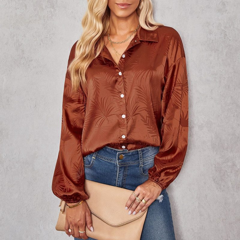 Women Clothing Autumn Shirt Women Printing Collared Loose Shirt - Image 3