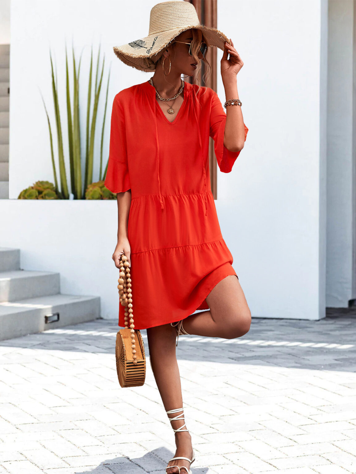Spring Summer Eaby V neck Flared Sleeves Cake Stitching Dress - Image 3