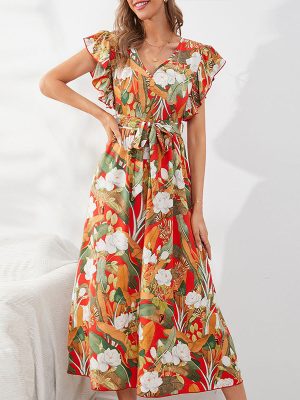 A Line Dress Women Clothing Gentle Beach Floral Polyester Long Bohemian Dress