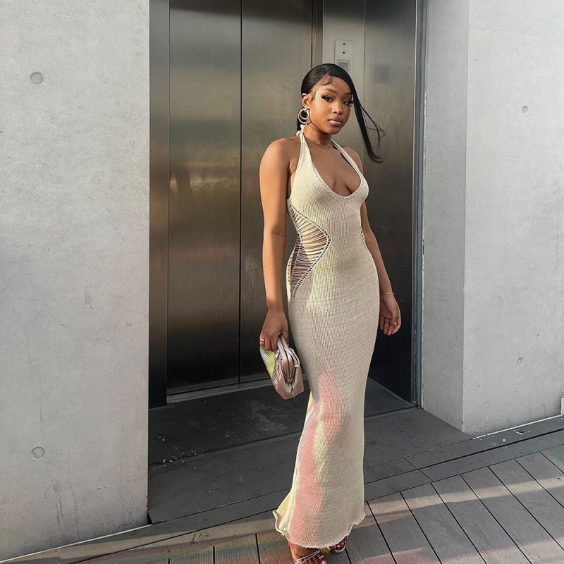 Summer Sweaters Women Clothing Hollow Out Cutout Personality U Collar Lace up Maxi Dress Crochet