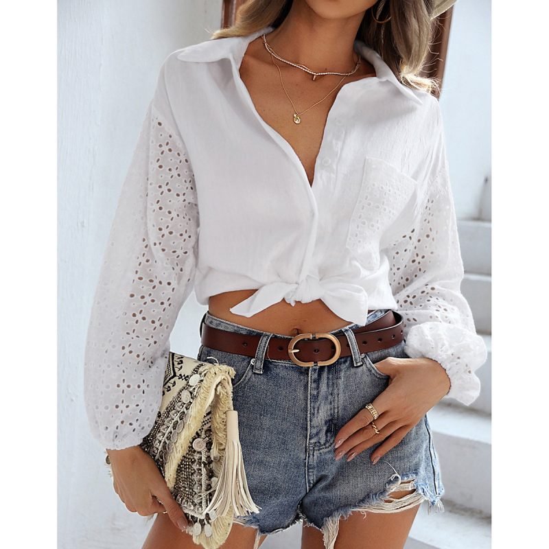 Independent Real Shot Design Spring Summer Solid Color Shirt Splicing Lace Top Women - Image 3