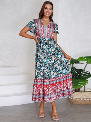 Women Clothing Summer V neck Ruffle Sleeve Floral Print Maxi Dress