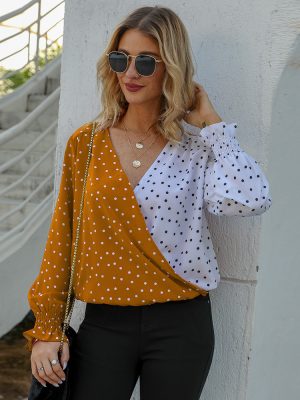 Spring Women Clothes Polka Dot Print Casual Loose V neck Women Top T shirt