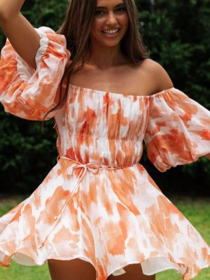 Women Clothing Summer off-Shoulder Lantern Sleeve Short Irregular Asymmetric Hem Dress Abstract Floral