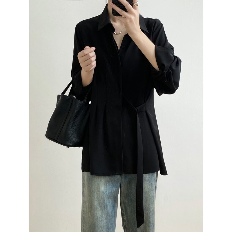 Autumn Design Long Sleeved Shirt for Women Spring Loose Slimming Lace up Draping Shirt - Image 4