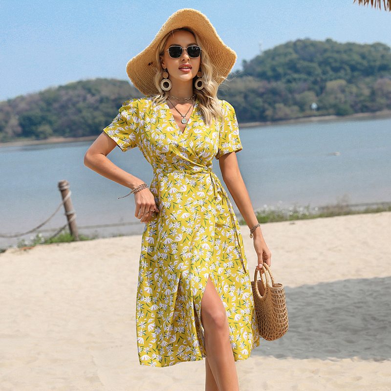 Women Clothing Summer Small Floral Strap Printing Short Sleeve