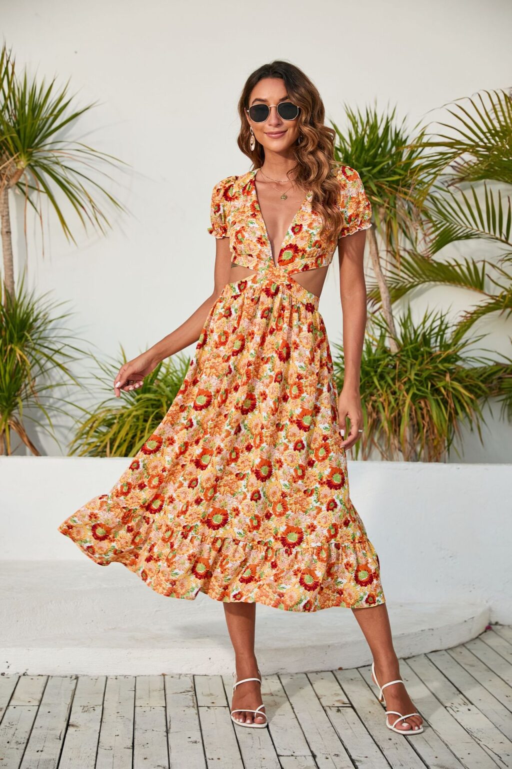 Spring Summer Women Clothing V Neck Printed Dress Backless Midi Dress - Image 3