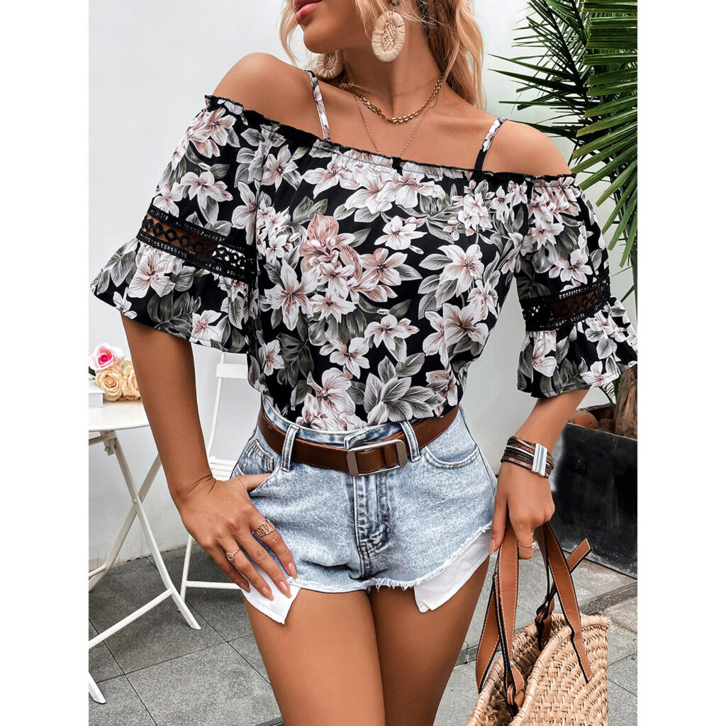 Women Clothing Casual Office off-Neck Printed Shirt - Image 4