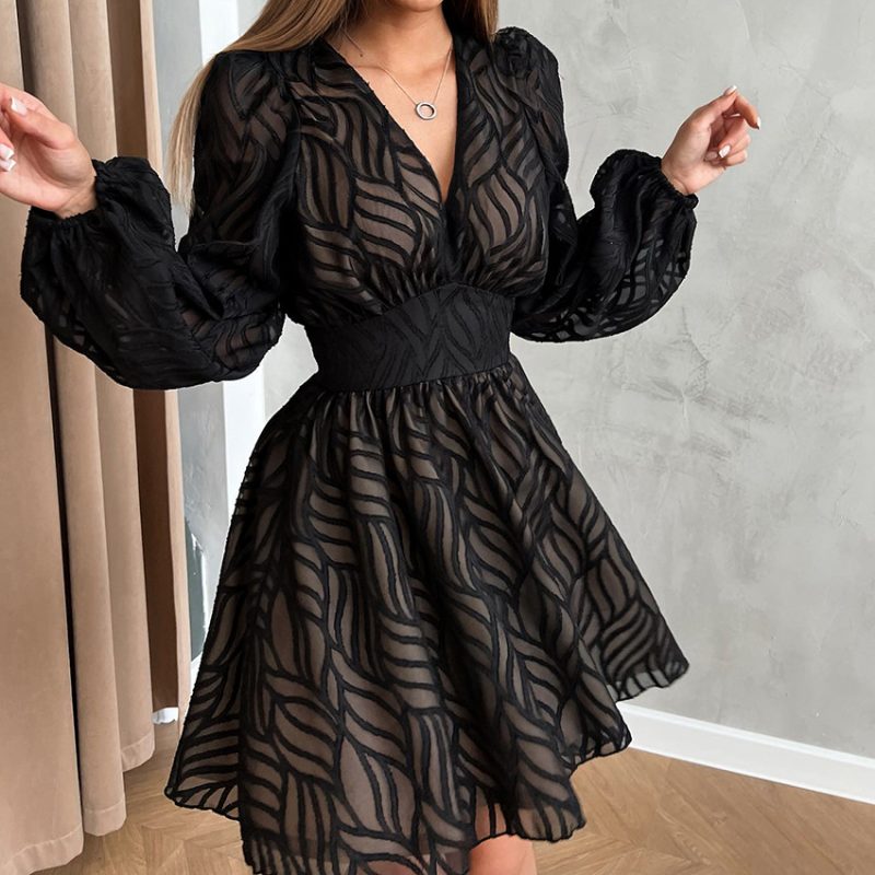 Spring Elegant White Hollow Out Cutout Jacquard Lantern Sleeve Dress Women Waist Controlled A  line Dress Short - Image 3
