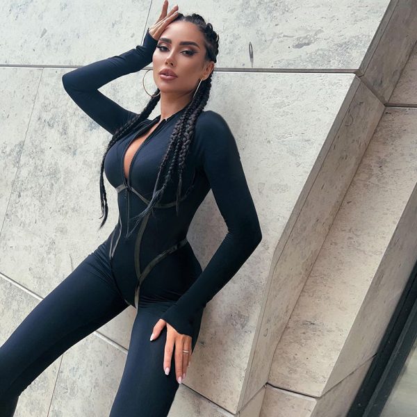 Sexy Sports Leather Ribbon Split Line Long Sleeve Zipper Skinny Hip Raise Jumpsuit - Image 2