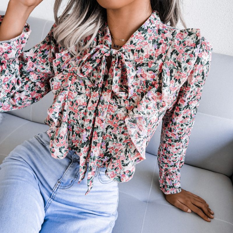 Autumn Winter Casual Lace up Ruffled Floral Chiffon Estampado Floral Shirt Top Women Clothing Plus Size - Image 2