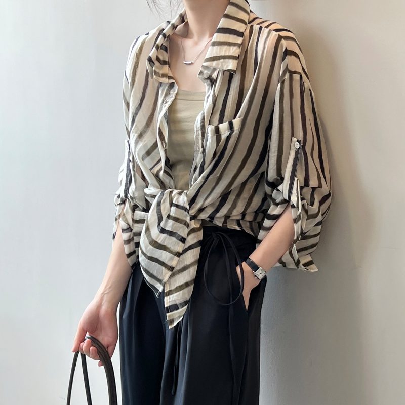Breathable Stripes Shirt for Women Summer Loose Stylish Long Sleeves Cardigan Shirt - Image 2