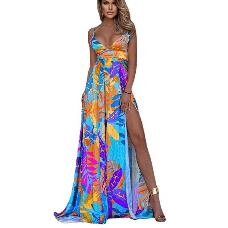 Sundress Spring New Leaf Four-Sided Stretch Dress Bohemian off-the-Shoulder Strap Tube Top Mop Dress Boho Vacation Maxi Dresses - Image 5
