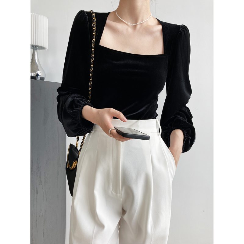 Black Pleuche Square Collar Small Shirt Women Autumn Young Puff Sleeve Shirt off-Shoulder Top - Image 3