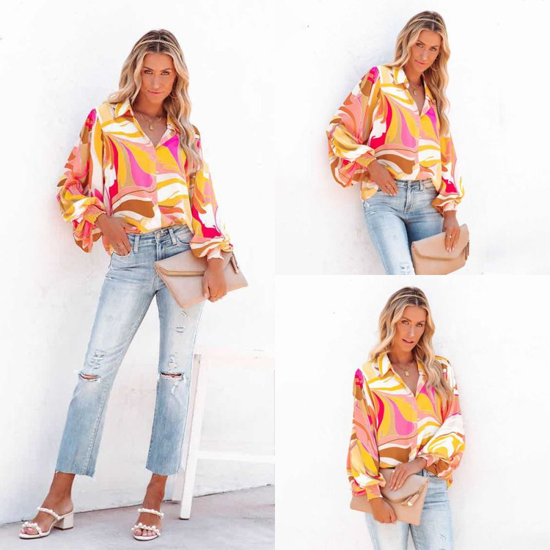 Autumn Print Lantern Sleeve Collared Cardigan Single-Breasted Casual Shirt Women - Image 4