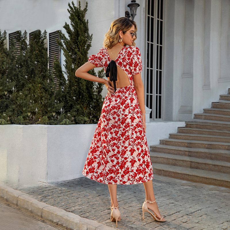 Spring Summer New Casual Long Lace-up Cropped Outfit Short Sleeve Printed Dress - Image 5