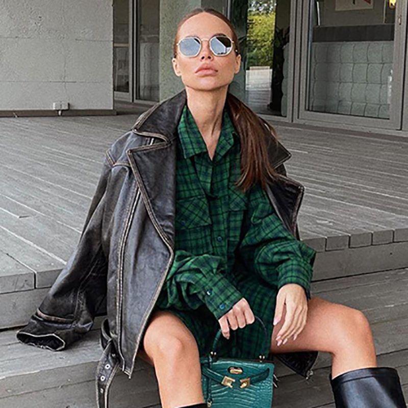 Women  Clothing Retro Plaid Shirt Green Boyfriend Mid Length Loose Oversize Shirt - Image 4