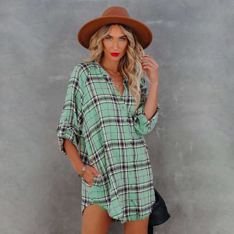 Autumn Plaid Printed V neck Long Sleeve Shirt  Women - Image 3