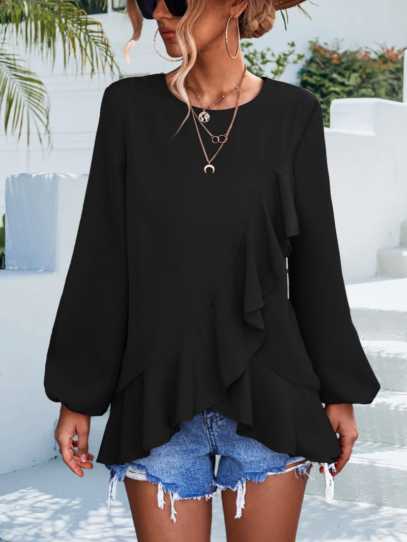 Spring Summer Solid Color Ruffles Lantern Sleeve Irregular Asymmetric Top - Image 3