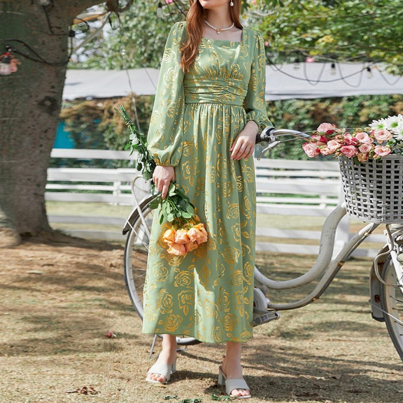 French Bronzing Dress Seaside Holiday Tea Break Waist Controlled Long Sleeves Spring Autumn Travel Dress - Image 2