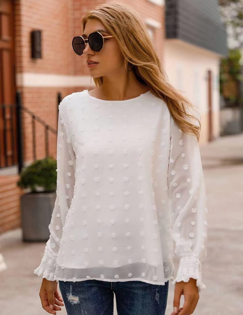 Arrival round Neck Jacquard Chiffon Shirt Loose Women Commuting Wear Autumn Long Sleeved Top - Image 3