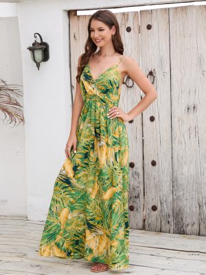 Women  Bohemian Printed Maxi Dress Sexy V neck Strap Dress