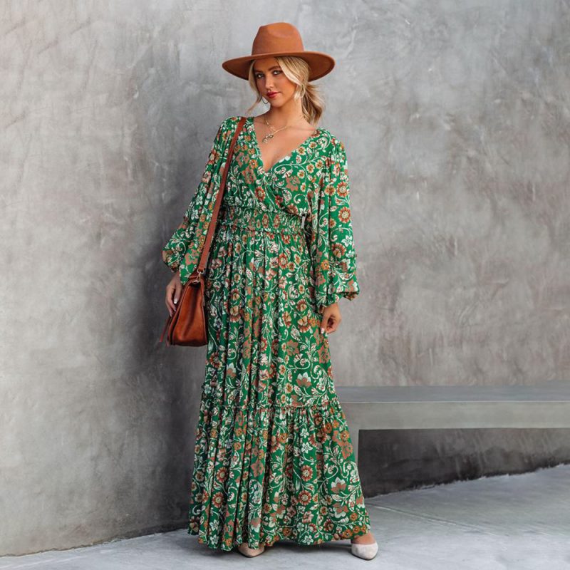 Maxi Floral Print Lantern Long Sleeve V-neck Maxi Backless Stitching Dress Maxi Dress Spring Summer - Image 2