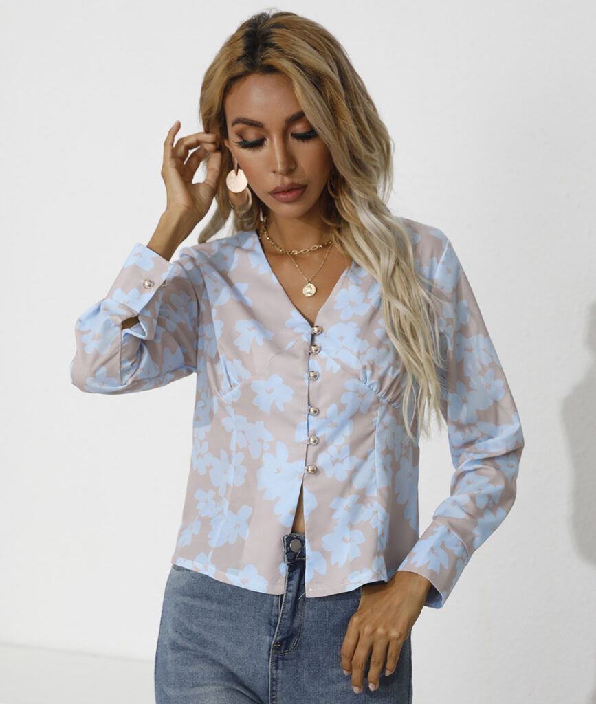 Fall Women Clothing Printing Single-Breasted V-neck Long Sleeve Shirt - Image 4