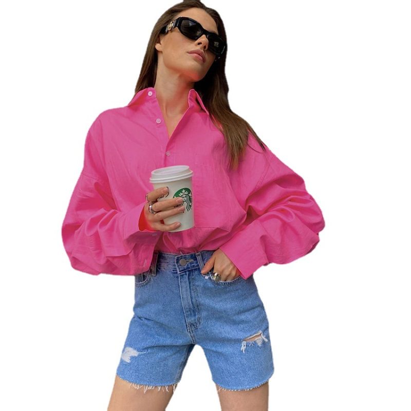 Fall New Rose Red Women Clothing  Fashion  Long Sleeve Shirt Loose Cotton Sun Protection - Image 5