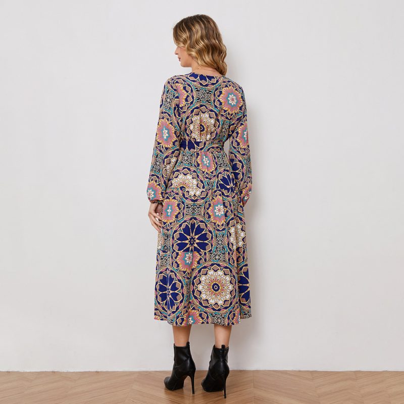 Abstract Holiday Floral Print Lace up Waist Controlled Long Sleeve Dress - Image 4