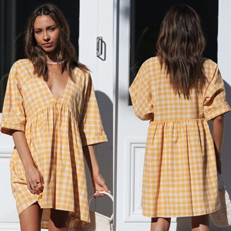 Women Clothing Autumn Winter V-neck Plaid Large Swing Dress - Image 2