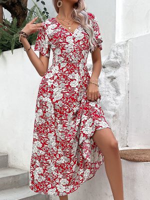 Summer Women Wear Red Printed Elegant Dress