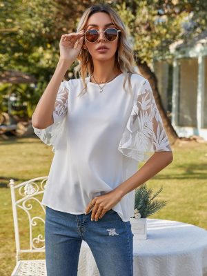 Women Clothing Summer Chiffon Round Neck Mesh Stitching Short Sleeved Top T shirt