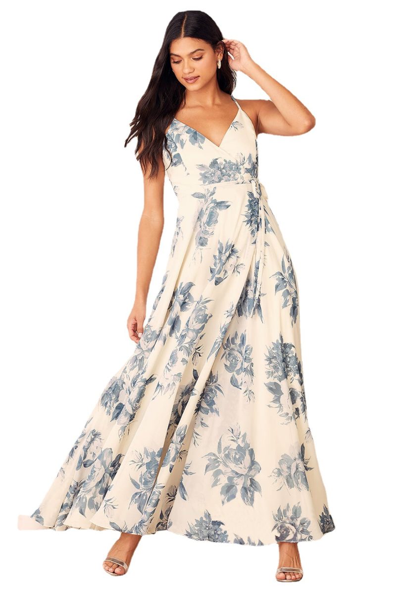 Floral Print Women Sexy V-neck Strap Backless Elegant Dress Advanced Split Dress Summer - Image 4