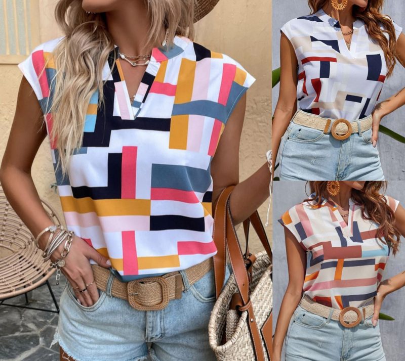 Summer Geographical Printing Cropped V neck Shirt - Image 4