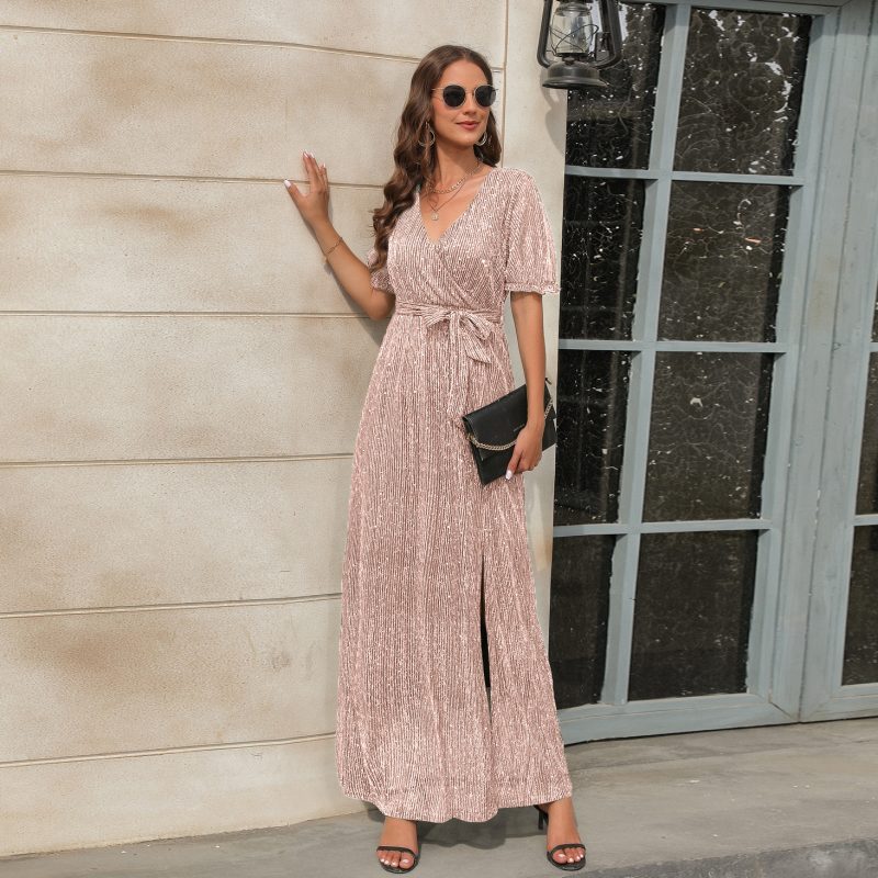 Spring Summer V neck High Waist Tied Dress Cocktail Party Split Long Short Sleeve Dress Party Dress - Image 2