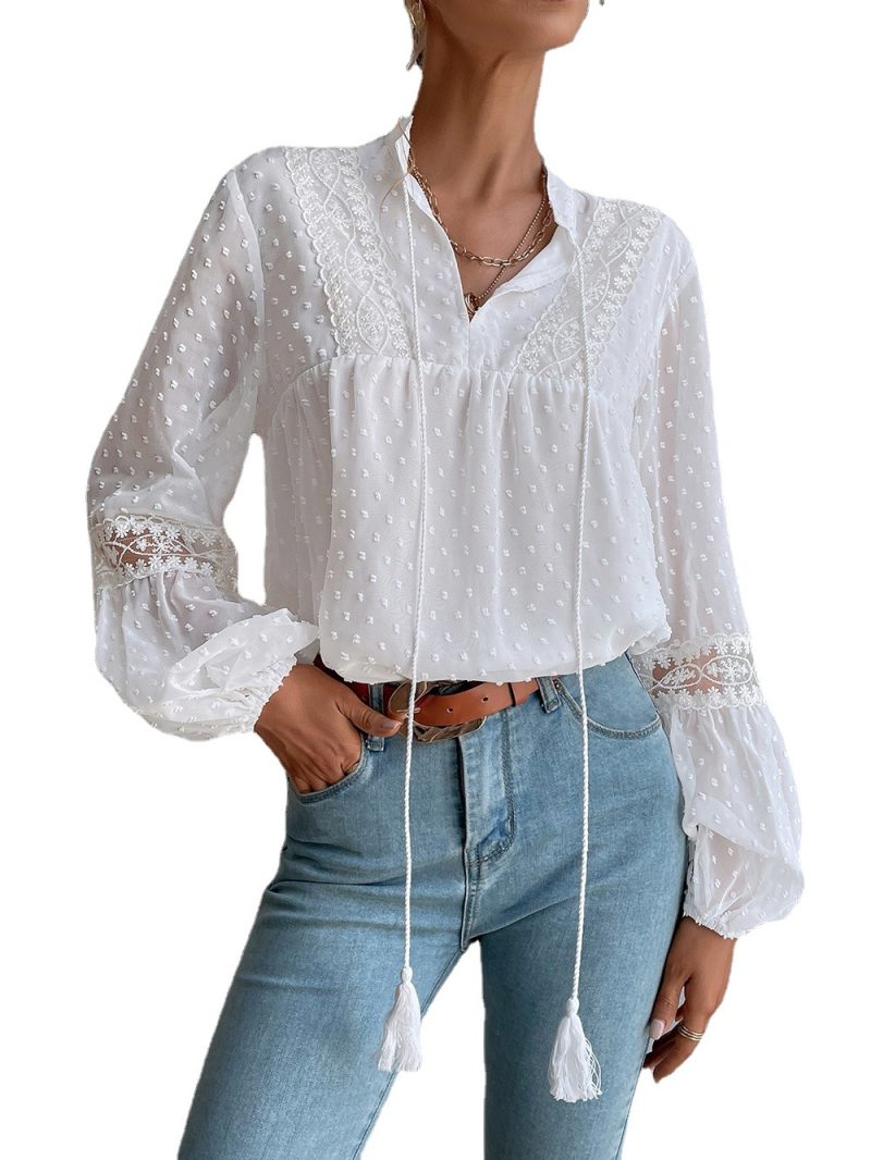 Autumn New Polka Dot Chiffon Lace Stitching Loose Office Women Shirt - Image 4