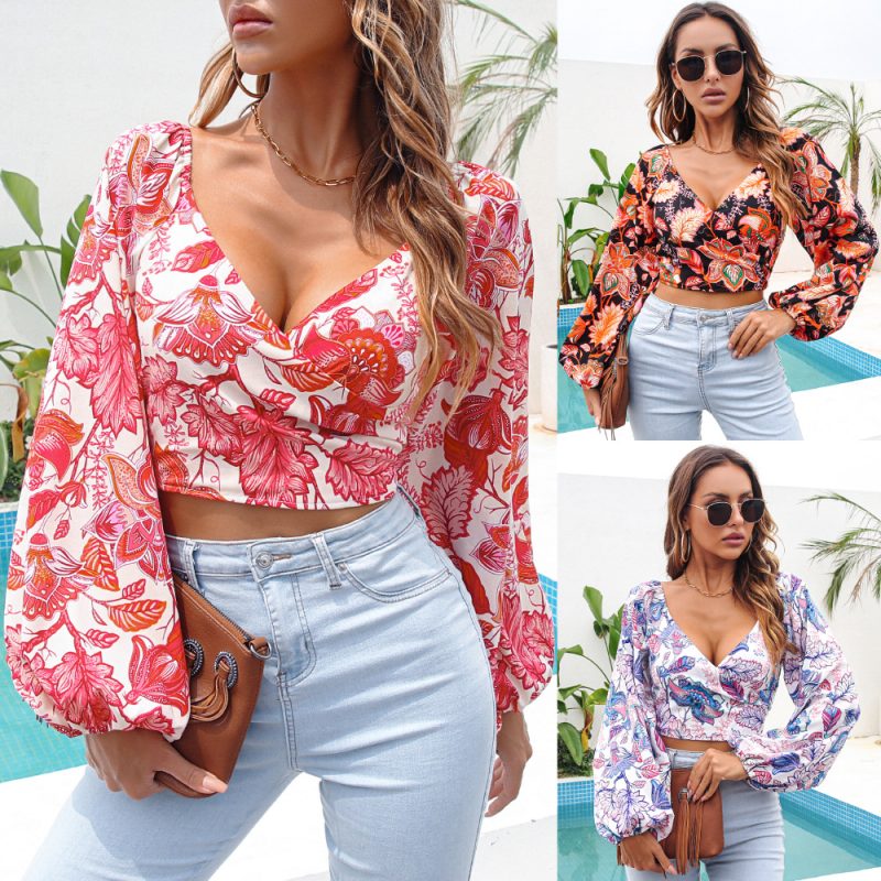 Women Clothing Spring Summer Criss Cross V-neck Printed Cropped Top Chiffon Shirt - Image 5