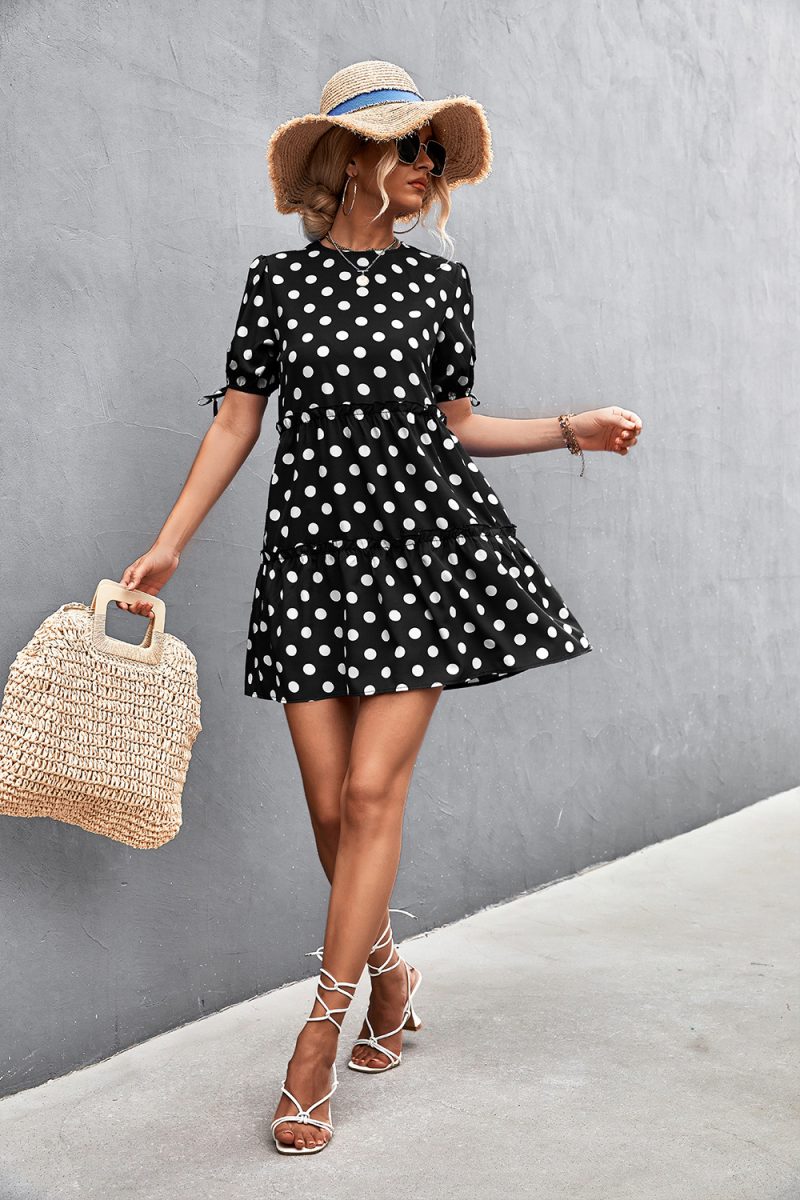 Women Clothing Spring Summer round Neck Puff Sleeve Tied Dress Short - Image 3