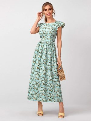 Square Collar Short Sleeve High Waist Pastoral Backless Maxi Dress Floral Print Maxi Dress