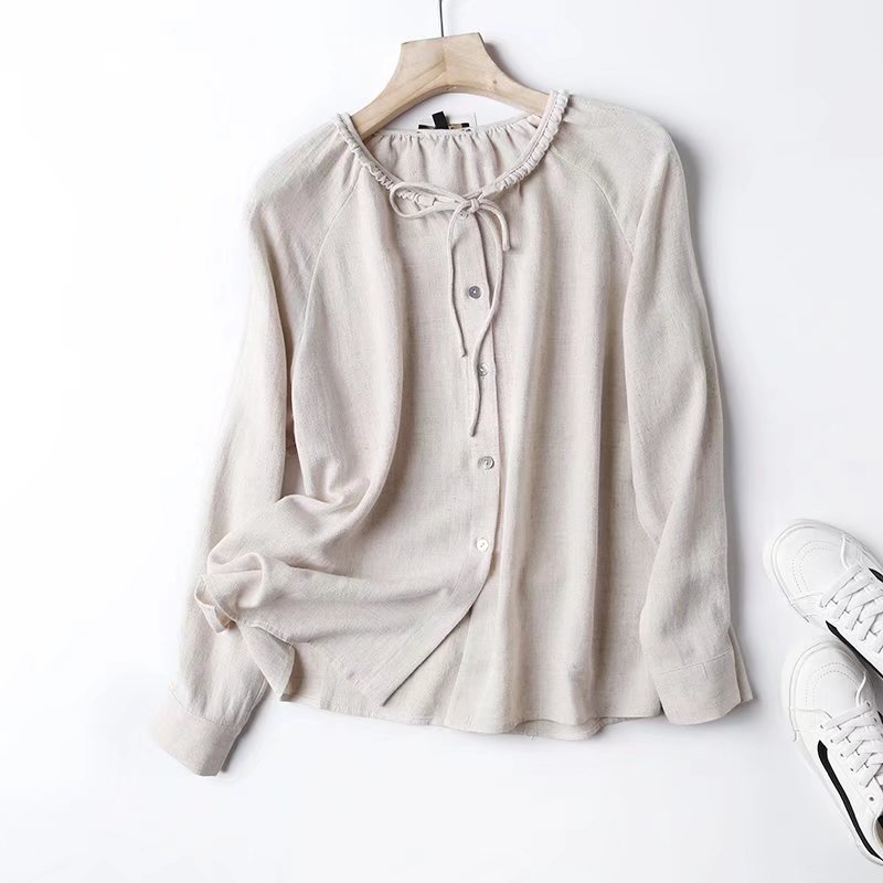 Khaki Pleated round Neck Shirt