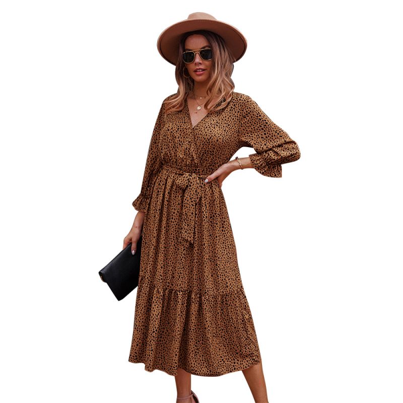 Self-Made Real Shot Casual Vacation Floral Long Sleeve Autumn Winter Dress Large Swing - Image 4
