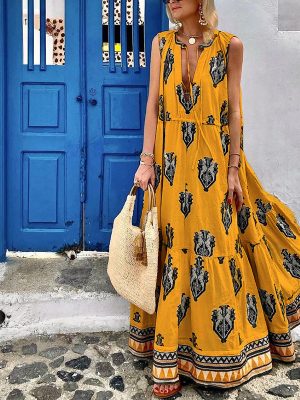 Women Clothing Summer Elegance Sleeveless Bohemian Printed Dress