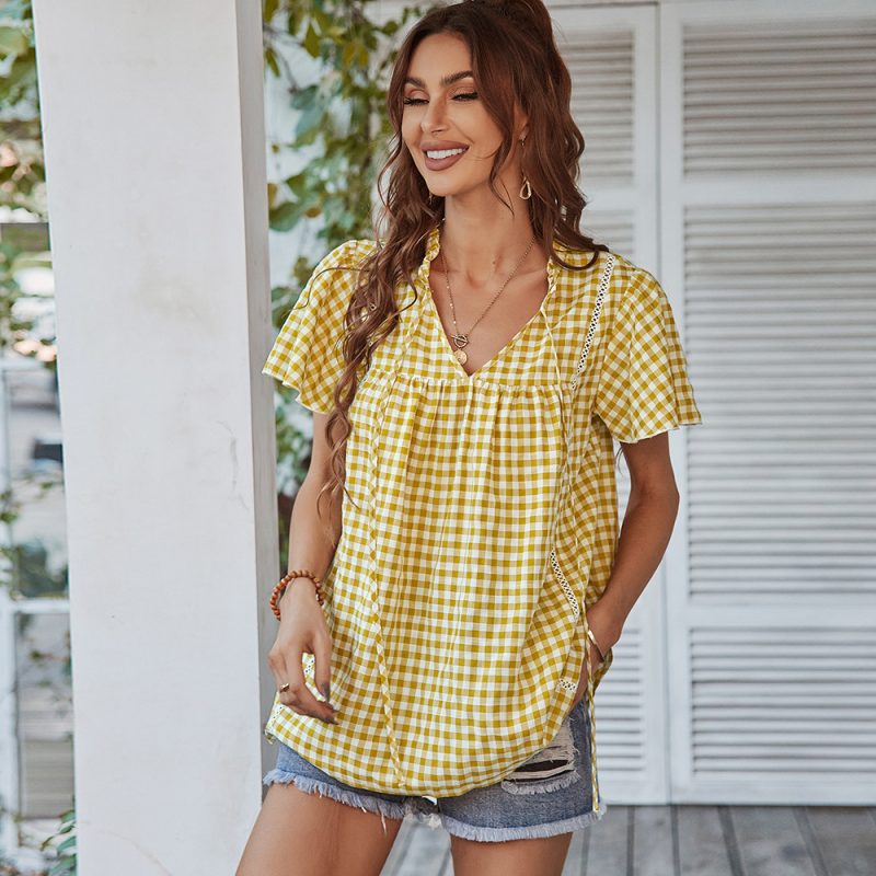 Plaid Top Spring Summer V-neck Girl Blouse Female - Image 2