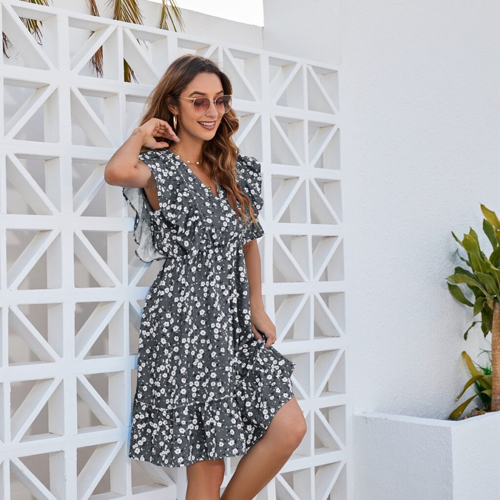 Floral Flounce Lace up Short Sleeve V neck Dress High Waist Short - Image 2
