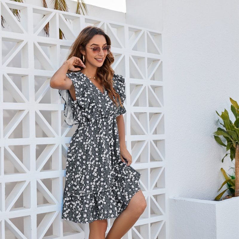 Floral Flounce Lace up Short Sleeve V neck Dress High Waist Short - Image 2