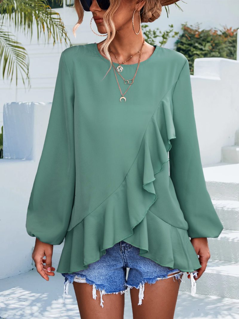 Spring Summer Solid Color Ruffles Lantern Sleeve Irregular Asymmetric Top - Image 2