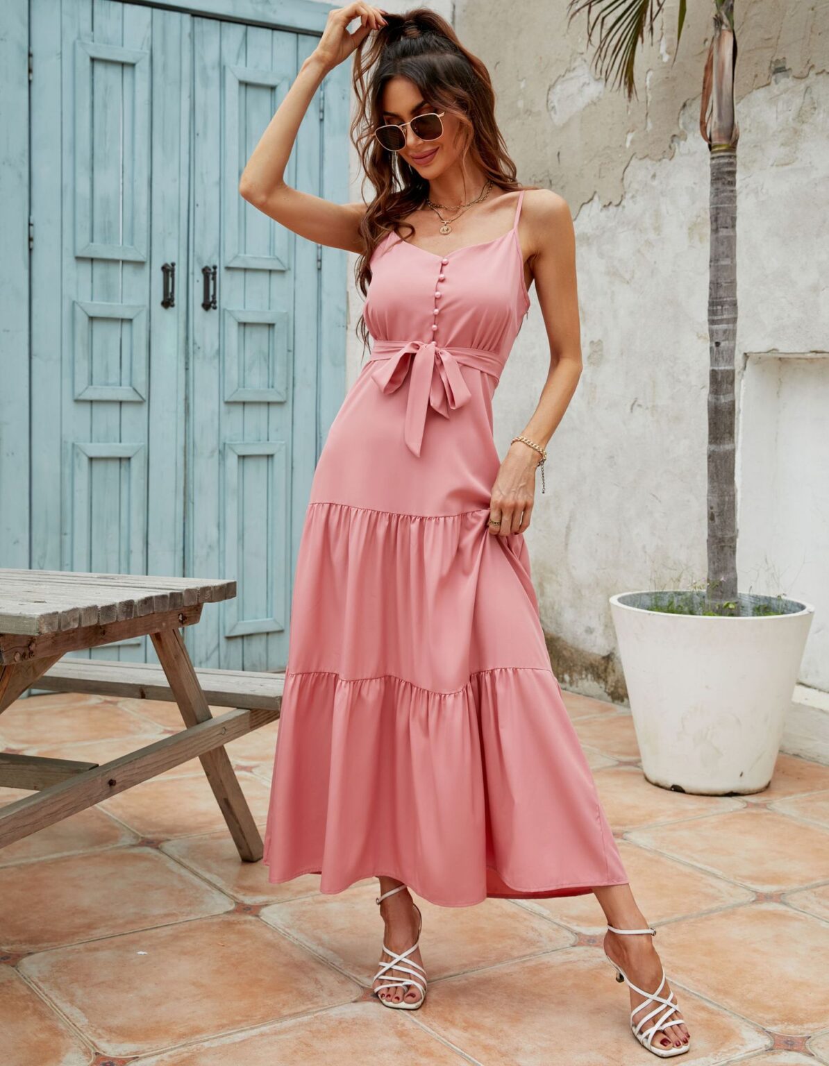Solid Color Sling Row Waist Closing Dress - Image 4