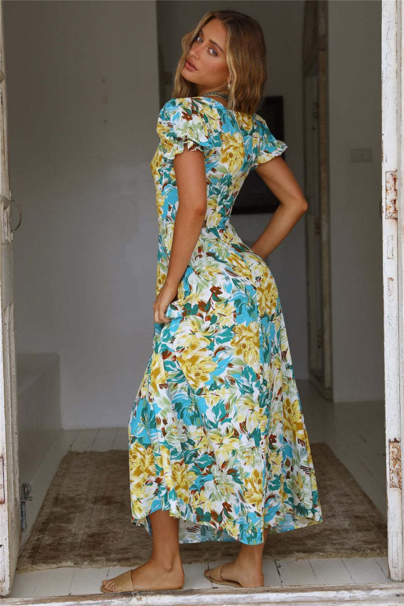Spring Summer Square Collar Short Sleeve Maxi Dress Wild Casual Dress - Image 3