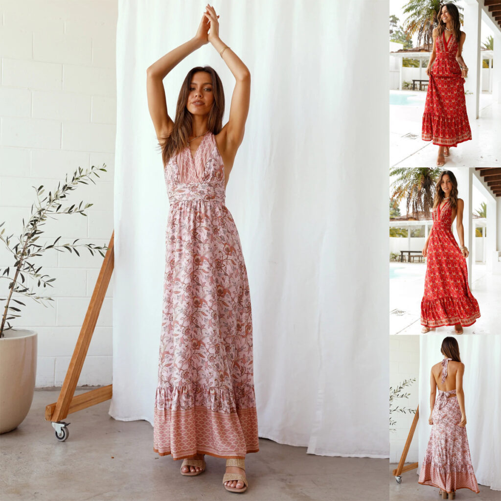 Summer Women Clothing Halter Lace-up Sexy Backless Large Swing Dress - Image 5